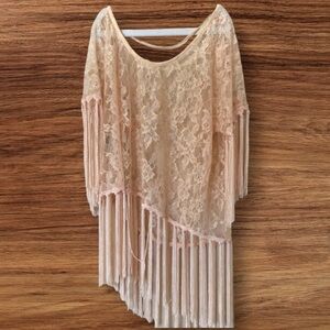 😮Haute society sheer lace top w/tassels fringe XS